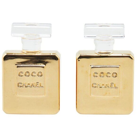 CHANEL CC Bottle perfume Clip-On Earrings Gold Tone Auth w/Box #71920 - Picture 3 of 6